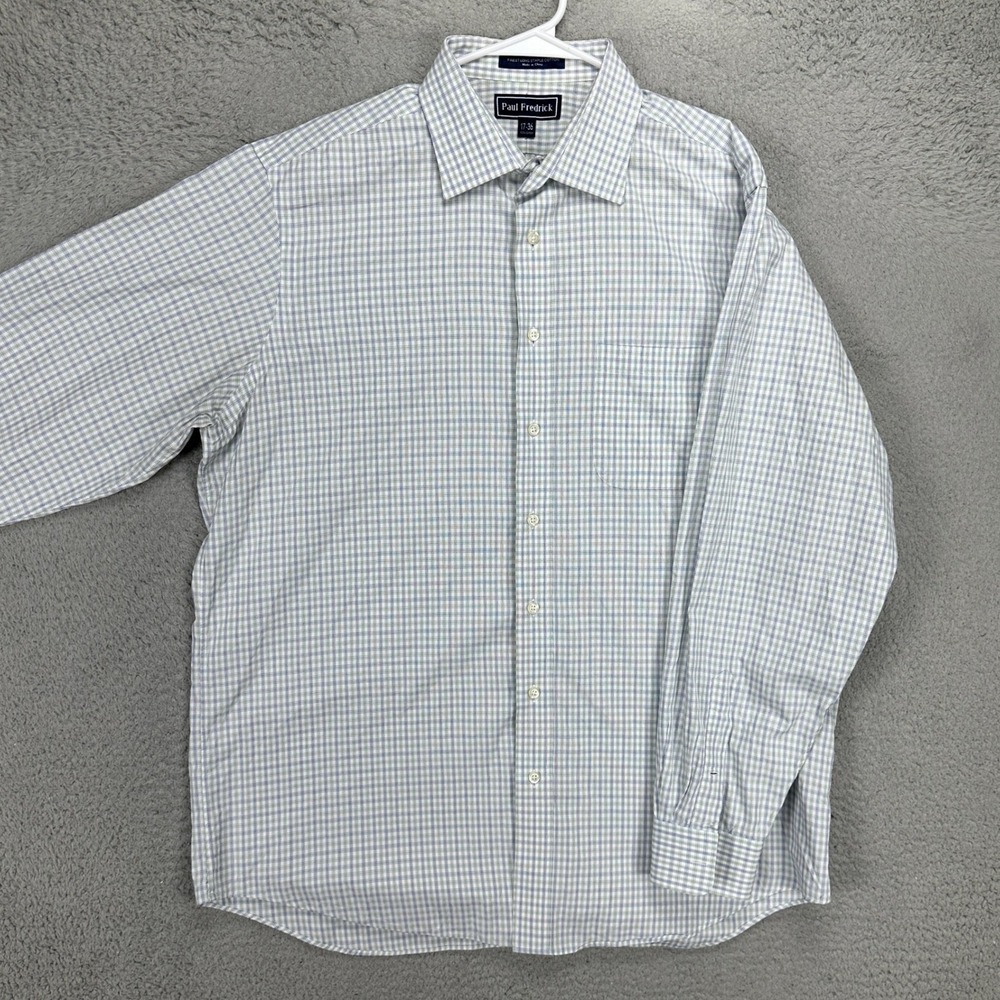 Paul Fredrick Mens Dress Shirt 17-36 White Green Plaid Button Up Long Sleeve